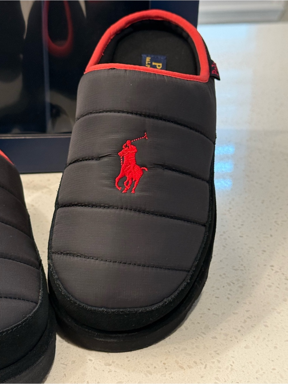 Polo by Ralph Lauren Gray Quilted Slip-On Slippers with Red Polo Logo